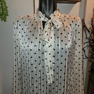 Suzy Shier White Satin Polka Dot Blouse with Fabric Tie Neckline M